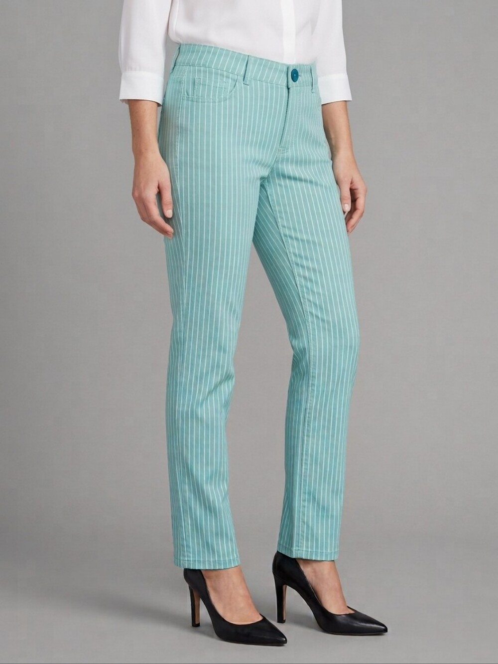 Betabrand Striped Straight Leg Yoga Pants in Turquoise Blue & White Size Large